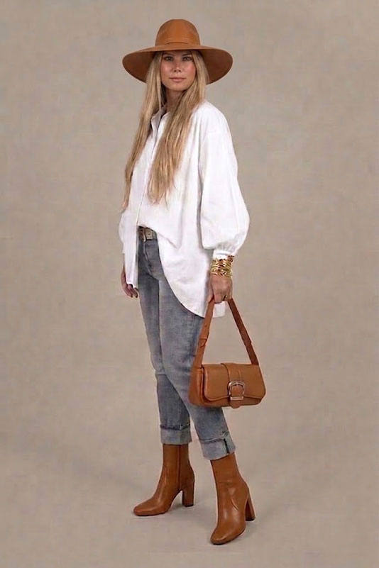 Dress ankle boots inside zip in caramel brown leather with high block heels and round toe - Worn view